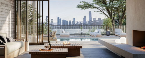 Modern outdoor living space with a pool, city skyline view, and stylish furniture, surrounded by greenery.