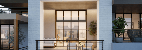 Modern architectural design featuring large windows, a balcony, and a cozy interior with plants and stylish furnishings.