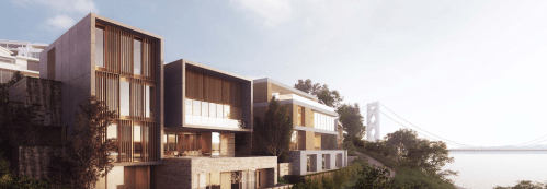 Modern waterfront homes with large windows, surrounded by greenery, and a bridge in the background under a bright sky.