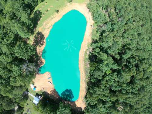 Aerial view of a turquoise pond surrounded by lush green trees and a sandy shore.