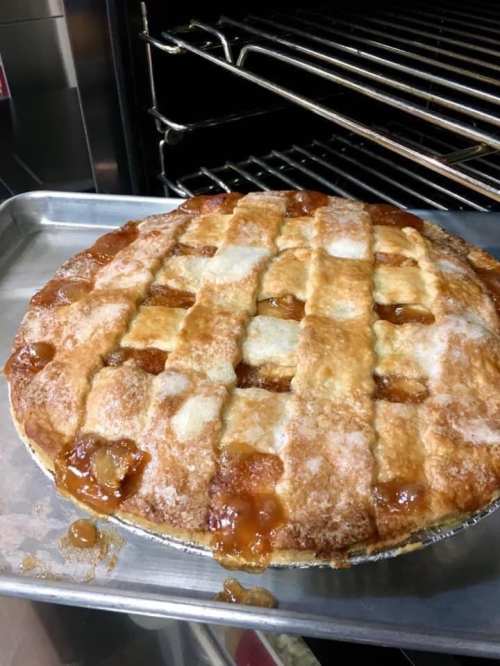 A freshly baked apple pie with a golden lattice crust, cooling on a tray in an oven.