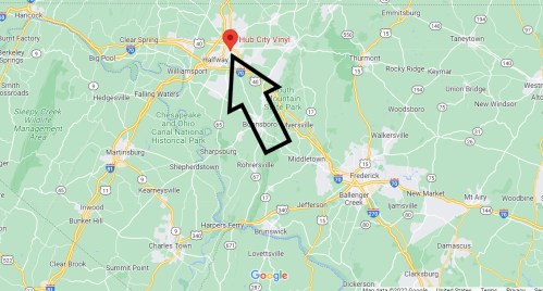 Map highlighting the location of Hub City Vinyl in Hagerstown, Maryland, with an arrow pointing to it.