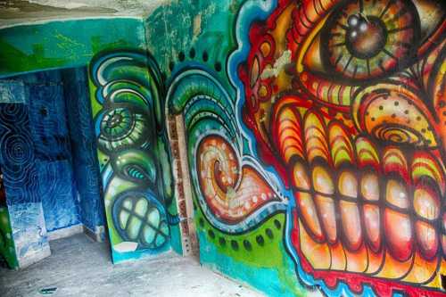 Vibrant graffiti art featuring a colorful skull and abstract designs on a wall in an abandoned room.