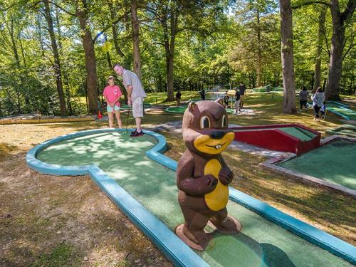 A mini-golf course with a cartoon beaver statue, surrounded by trees and players enjoying the game.