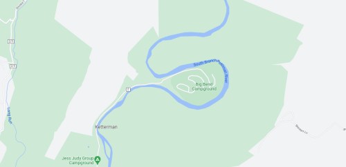 Map showing the layout of Big Bend Campground, surrounded by green areas and a winding river.