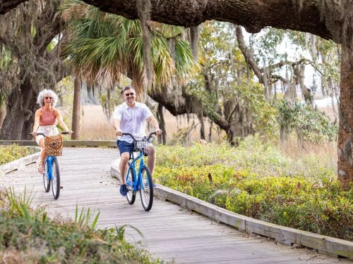 A man and woman ride bicycles on a wooden path surrounded by trees and greenery.