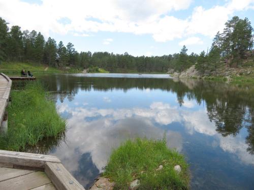A serene lake surrounded by trees, reflecting clouds and greenery, with a wooden walkway in the foreground.