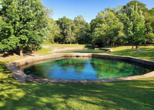 A serene park scene featuring clear, blue water pools surrounded by lush green trees and grass.