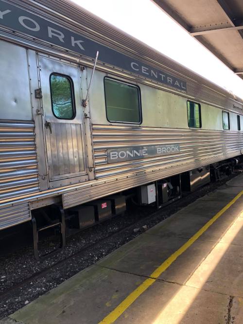 A silver train car labeled "BONNIE BROOK" parked on a platform with yellow lines and shadows from overhead.