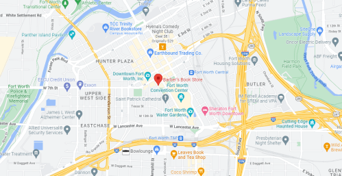 Map showing downtown Fort Worth, Texas, highlighting Barber's Book Store and nearby landmarks and roads.