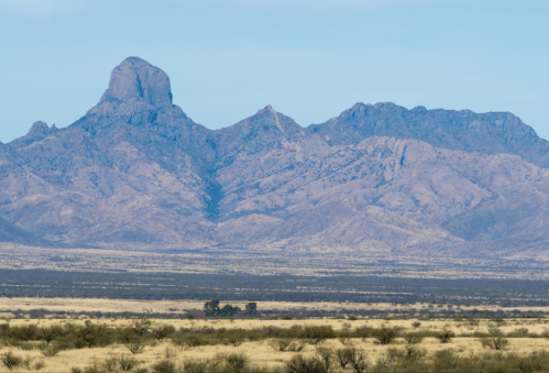 A vast landscape featuring a prominent mountain range under a clear blue sky, with sparse vegetation in the foreground.