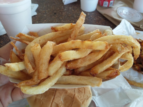 A hand holding a tray of golden, crispy French fries with a soft burger bun in the background.