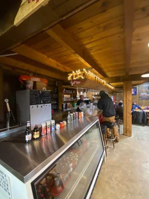 A cozy bar with wooden beams, a counter, and shelves of drinks, with patrons enjoying the atmosphere.