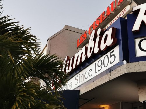 Sign for "Columbia" with the text "Columbia Since 1905," surrounded by palm leaves and a clear sky.