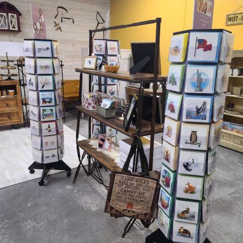 A display of greeting cards and art prints in a cozy shop, with wooden shelves and a sign about camp rules.