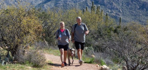 A man and woman walk a dog on a trail surrounded by desert vegetation and mountains.