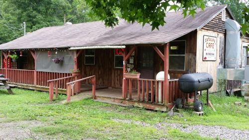 A rustic wooden café with a porch, surrounded by greenery and decorated with lights, inviting and cozy atmosphere.