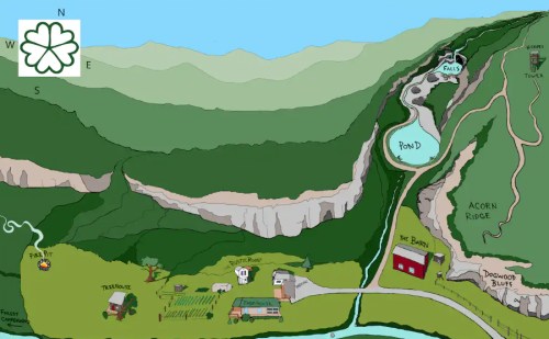 A colorful map of a hilly landscape featuring a pond, barn, treehouse, and various trails and landmarks.