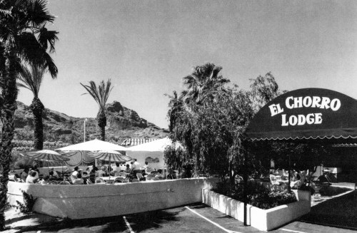 Black and white image of El Chorro Lodge, featuring palm trees and outdoor seating under umbrellas. Mountains in the background.