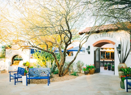 A charming outdoor area with a tree, blue benches, and potted plants, leading to a building labeled "El Chorro."