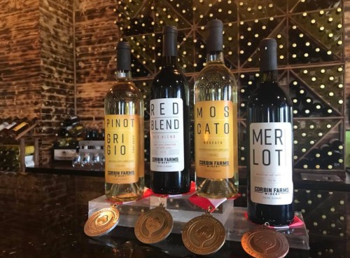Four bottles of wine with medals, featuring Pinot Grigio, Red Blend, Moscato, and Merlot, displayed against a wine rack.