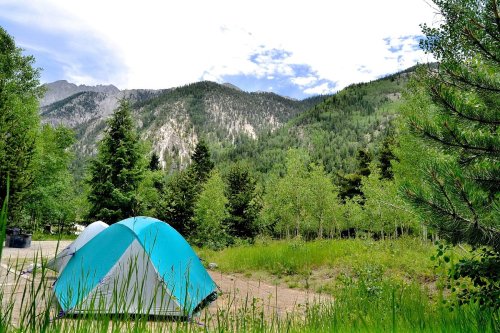 Two tents set up in a grassy area, surrounded by trees and mountains under a partly cloudy sky.