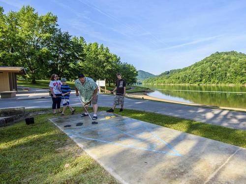 A group of people playing a game by a lake, with trees and mountains in the background on a sunny day.