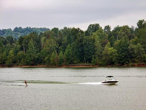 A person water skiing behind a boat on a calm lake, surrounded by lush green trees under a cloudy sky.