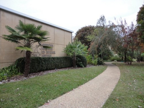 Pathway leading to the Bundaberg Museum of Horticultural History, surrounded by greenery and palm trees.
