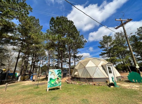 A geodesic dome home surrounded by tall trees and a colorful mural in a sunny outdoor setting.