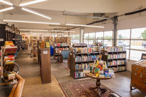 A cozy bookstore interior with shelves of books, a reading area, and large windows letting in natural light.