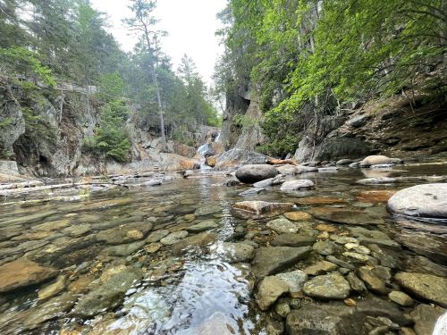 A serene river scene with clear water, smooth stones, and lush greenery, featuring a small waterfall in the background.