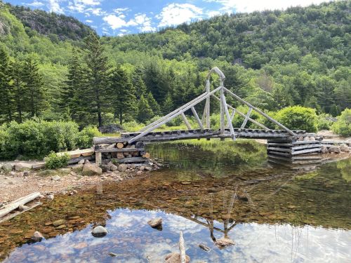 A rustic wooden bridge spans a clear stream, surrounded by lush green trees and a blue sky with scattered clouds.