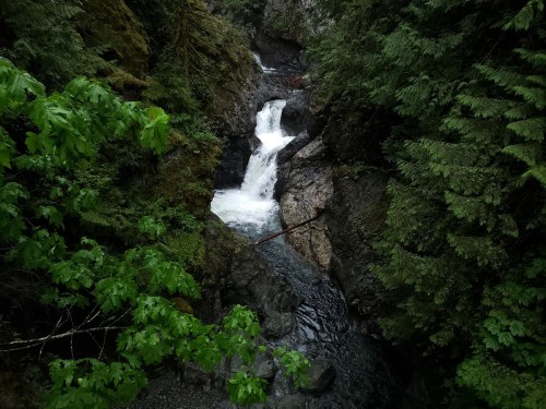 A serene waterfall cascades through rocky terrain, surrounded by lush green foliage and trees.