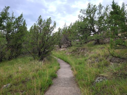 A winding concrete path through lush green grass and trees, leading into a rocky hillside under a cloudy sky.