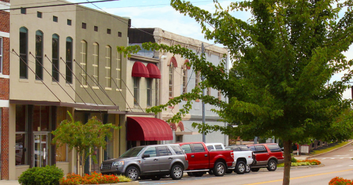 A quaint downtown street with shops, red awnings, parked cars, and a tree lining the sidewalk.
