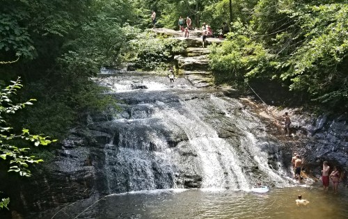 A scenic waterfall surrounded by lush greenery, with people swimming and relaxing on the rocks.