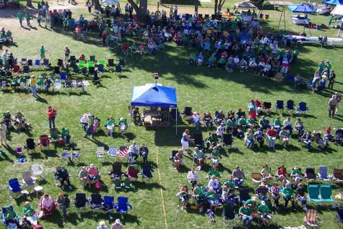 A large crowd of people in green shirts sitting on lawn chairs in a park, enjoying an outdoor event.