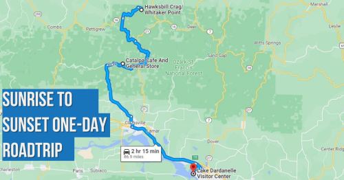 Map showing a one-day road trip route from Lake Dardanelle Visitor Center to Whitaker Point, highlighting key stops.
