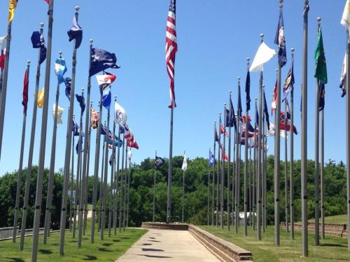 A pathway lined with various flags, including the American flag, against a clear blue sky and green trees in the background.