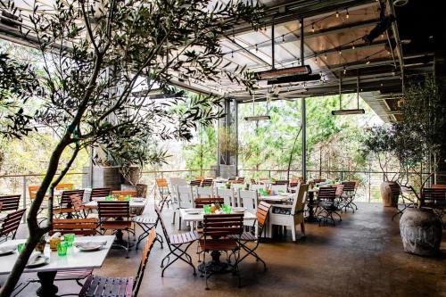 Bright, airy restaurant with wooden tables and chairs, surrounded by greenery and large windows.