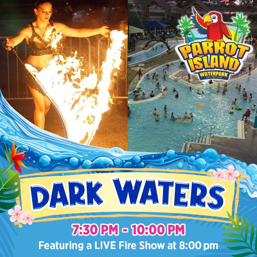 A split image: a performer with fire on one side and a waterpark pool on the other, promoting a live fire show at 8 PM.