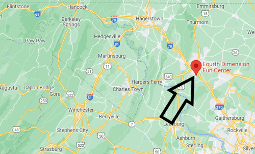 Map showing the location of Fourth Dimension Fun Center, marked with a red dot and an arrow pointing to it.