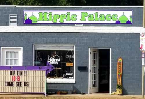 A storefront with a sign reading "Hippie Palace," featuring colorful decor and an open sign.