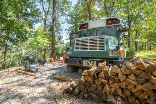 A green bus parked in a wooded area, with a stack of firewood and a grill nearby, surrounded by trees.