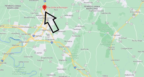 Map showing the location of "The Grille at Runways" in Reid, Maryland, near Hagerstown and Interstate 70.