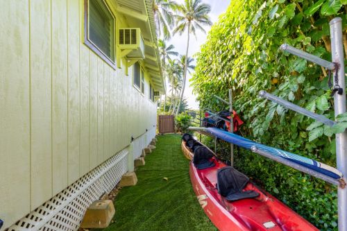 A narrow pathway beside a house lined with kayaks and lush greenery under palm trees.