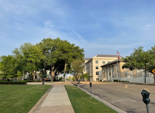 A peaceful street scene with trees, a sidewalk, and a building featuring columns, under a clear blue sky.