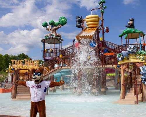 A costumed bear mascot stands with arms outstretched in front of a colorful water park play structure.
