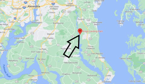 Map showing Kings Landing Park in Maryland, with an arrow pointing to its location.